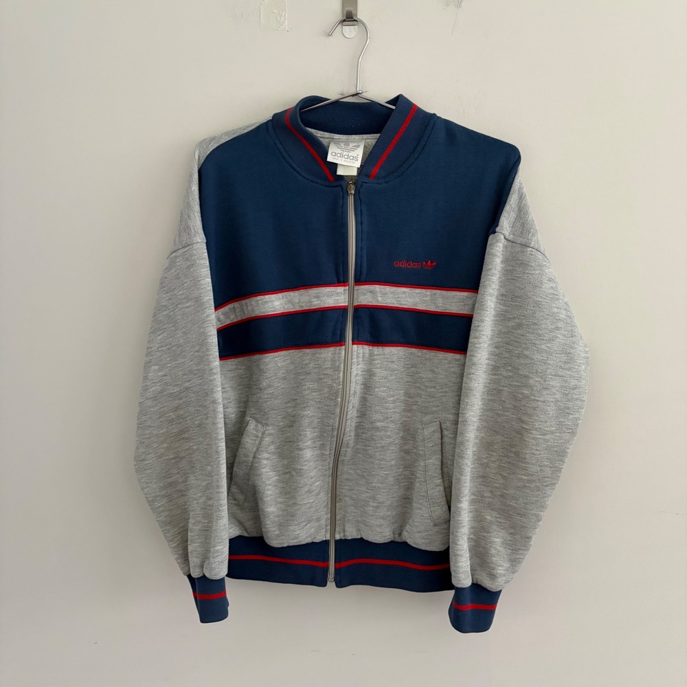 Vintage Adidas Trefoil Track Jacket Gray Blue Red Full Zip Bomber Mens
